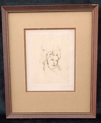 drawing of a woman ' s face in a frame on a black background