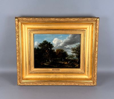 un tableau représentant un paysage avec une rivière et des arbres, dans un cadre doré