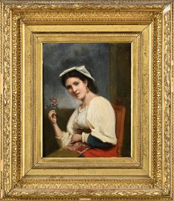une peinture représentant une femme tenant une fleur à la main