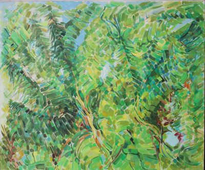 painting of a painting of trees in a field with a sky background