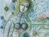 drawing of a woman with flowers in her hair in front of a painting