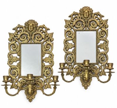 paire d'appliques murales anciennes en laiton, avec miroirs et bougeoirs