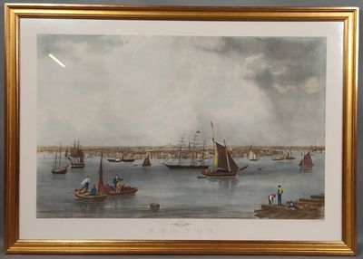 tableau représentant une vue d'un port avec des bateaux et des personnes sur l'eau