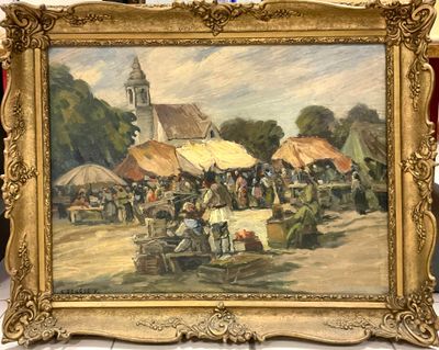 une photo d'un tableau représentant une scène de marché, dans un cadre