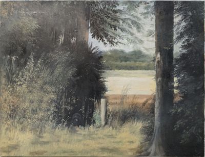une peinture représentant une zone boisée avec un lac en arrière-plan