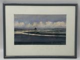 aquarelle encadrée représentant une scène de plage avec un phare au loin