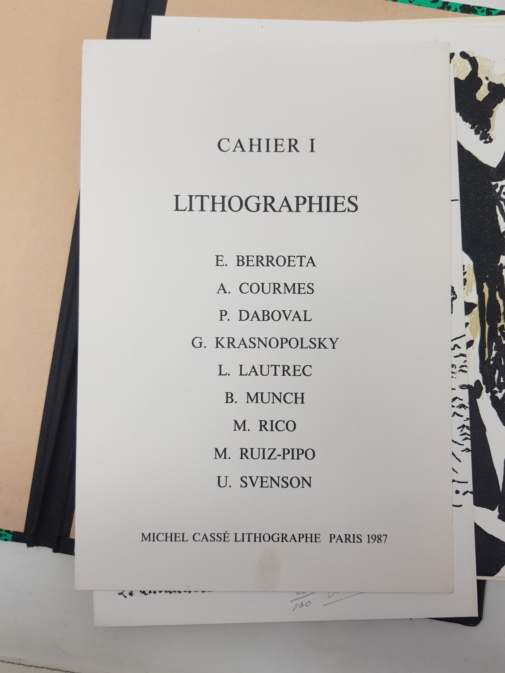 "Cahier 1" - Carton comprenant neuf lithographies d'après BERREOTA, COURMES, DABOVAL, KRASNOPOLSKY, LAUTREC, MUNCH, R...