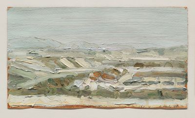 an oil painting of a beach scene with waves crashing on the shore