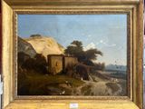 an image of a painting of a mountain scene with a house in the foreground