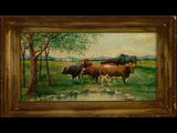 painting of a herd of cattle in a pasture by a stream