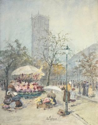 un tableau représentant une scène de rue avec des passants sur le trottoir