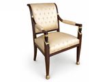 une image représentant une chaise avec une structure en bois et une assise rembourrée de couleur beige