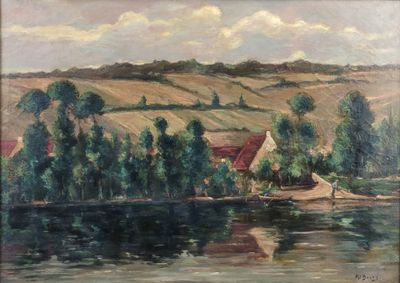 tableau représentant une scène fluviale avec une maison et un bateau au premier plan