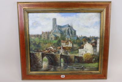 painting of a village with a bridge and a church in the background