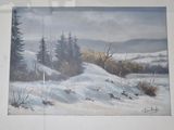 a painting of a snowy landscape with trees in the background