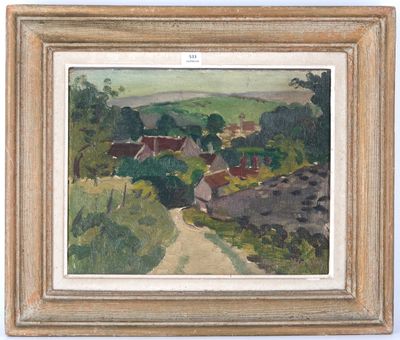 a painting of a landscape with houses and trees in the distance