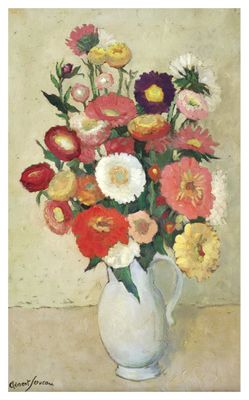a painting of flowers in a white vase on a table