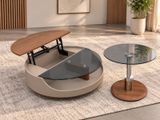 a coffee table that has a glass top and a wooden base