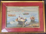 a picture of a painting of people on a boat in the water