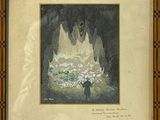 une vieille photo représentant un tableau montrant une personne dans une grotte