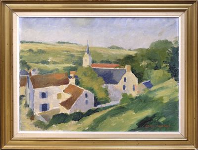 an image of a painting of a village with a church in the background