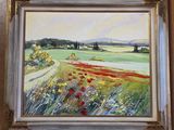 an oil painting of a field with poppies and a house in the distance