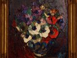 une peinture à l'huile représentant un vase de fleurs sur une table