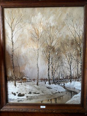 tableau représentant un paysage enneigé avec des arbres et un ruisseau au premier plan