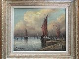 an oil painting of boats in the water near a dock