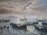 une peinture représentant un groupe de bateaux dans l'eau
