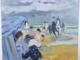 painting of a group of people sitting on a beach next to the ocean