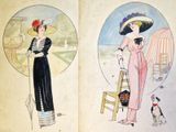 deux illustrations représentant des femmes en robe et chapeau sur ces pages