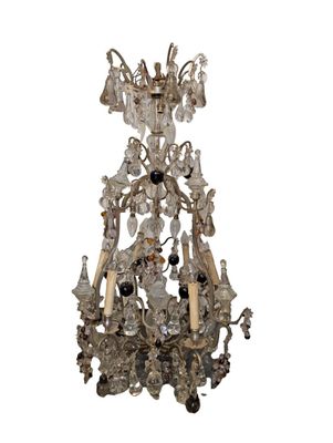 Lustre cage en bronze avec pampilles, début XXe siècle