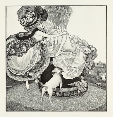 a drawing of a woman sitting on a chair with a cat