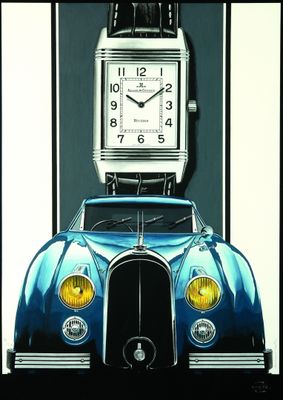 un tableau représentant une voiture surmontée d'une horloge