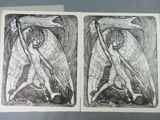 two black and white drawings of an owl with a banner