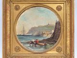 un vieux tableau représentant un homme dans un bateau sur l'eau