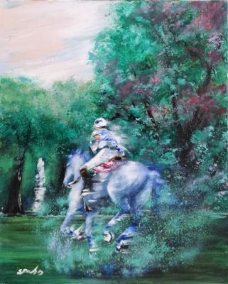 un tableau représentant un homme à cheval dans l'herbe