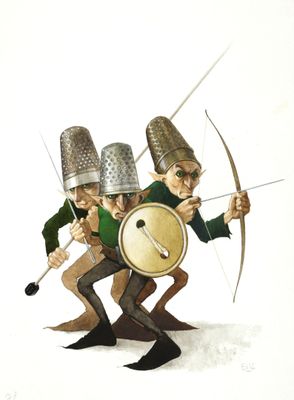 illustration of a group of men dressed in medieval clothing holding spears and a shield