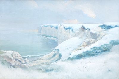 un tableau représentant un paysage enneigé avec un bateau sur l'eau