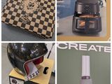 plusieurs photos d'objets divers, parmi lesquels une cafetière, une cafetière et une boîte de grains de café