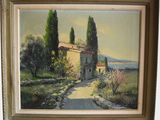 an oil painting of a country road with a house and trees