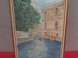 an oil painting of a boat on a river in front of a building