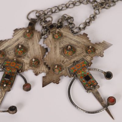 lot of three antique silver and enamel necklaces with red, green, and orange stones