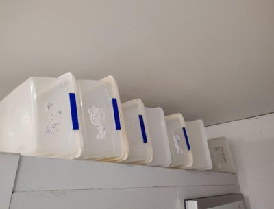 Plusieurs récipients en plastique sont empilés sur une étagère au-dessus d'un réfrigérateur