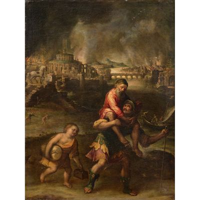 un tableau représentant un homme portant une femme pour la faire traverser une rivière