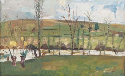une peinture à l'huile représentant un champ verdoyant avec des arbres au loin