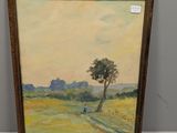 une peinture à l'huile représentant un arbre solitaire dans un champ, avec des collines en arrière-plan