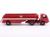 a red toy truck with a white stripe on the side