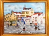 un tableau représentant des personnes marchant dans la rue sous la neige